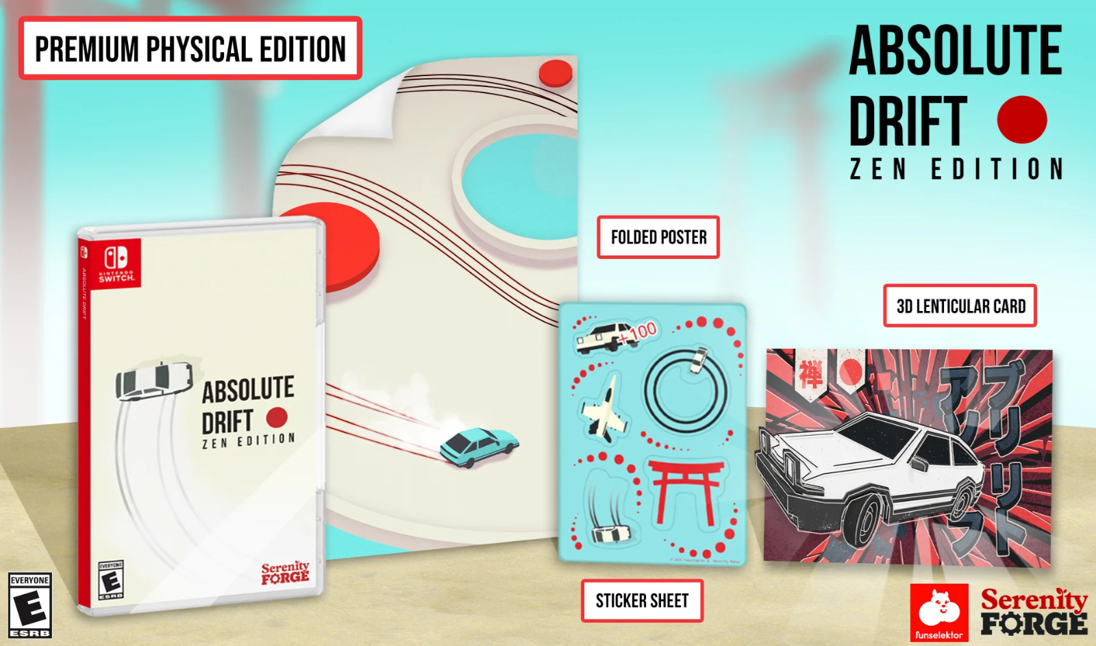 Absolute Drift Zen Edition gaming bundle with physical edition, poster, card, and sticker sheet on a light blue background.