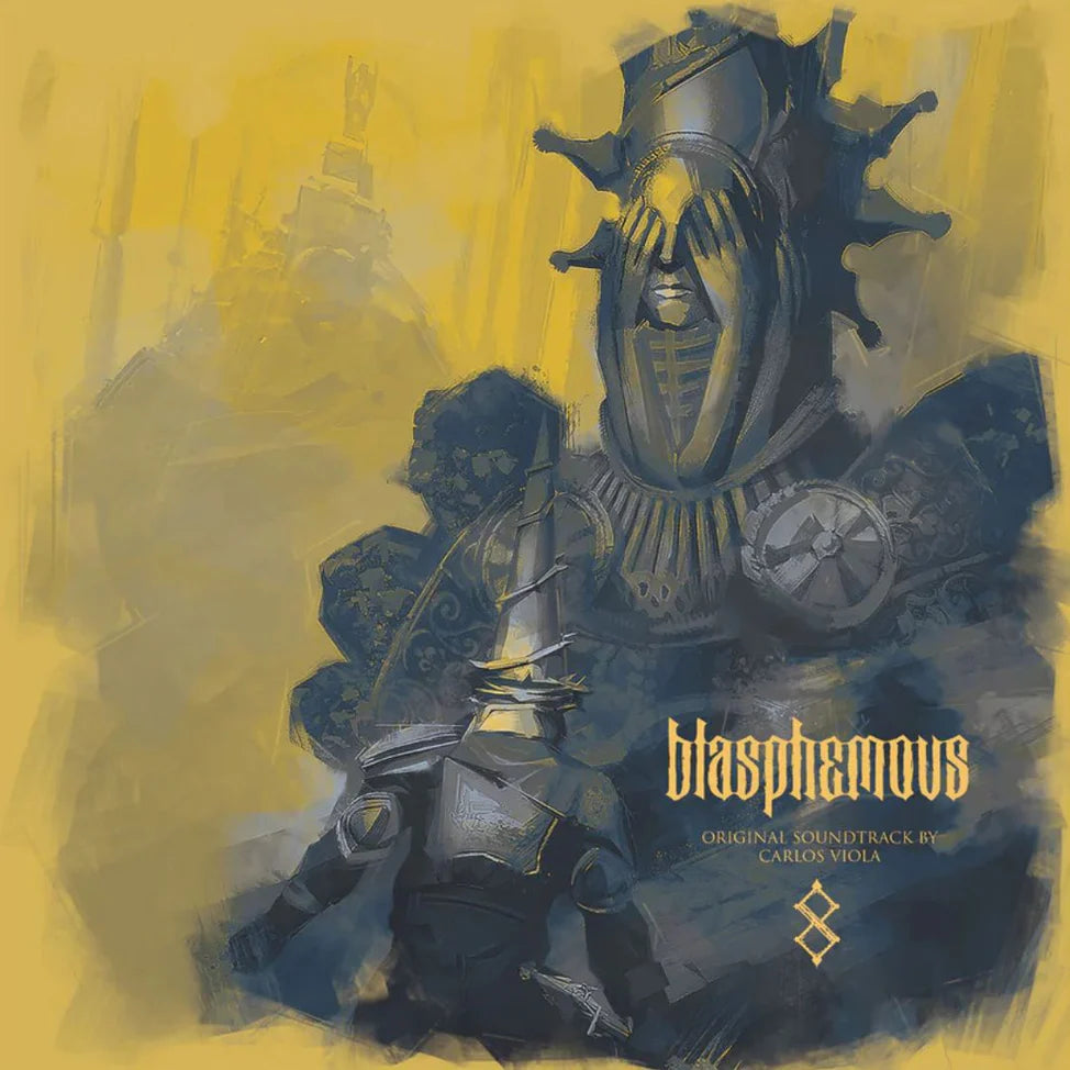 Album cover with a character in armor and the title 'blasphemous' on a yellow background