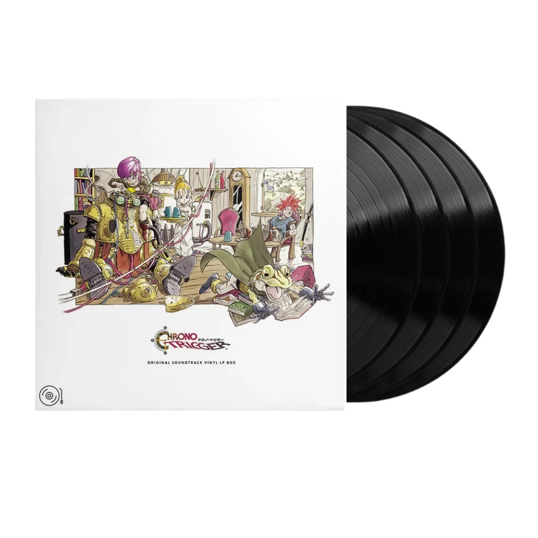 Vinyl records with a colorful album cover featuring cartoon characters on a white background