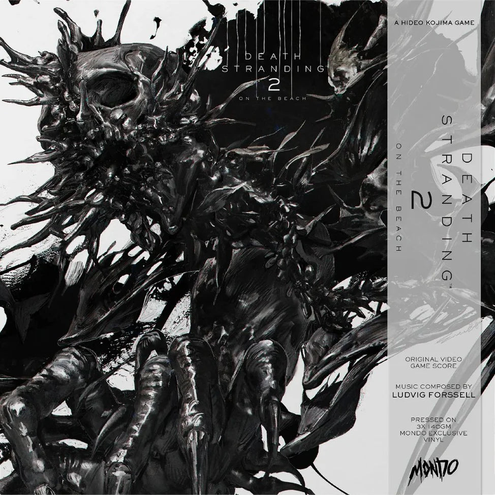 Album cover for 'Death Stranding 2: On the Beach' with a black and white illustration of a creature.