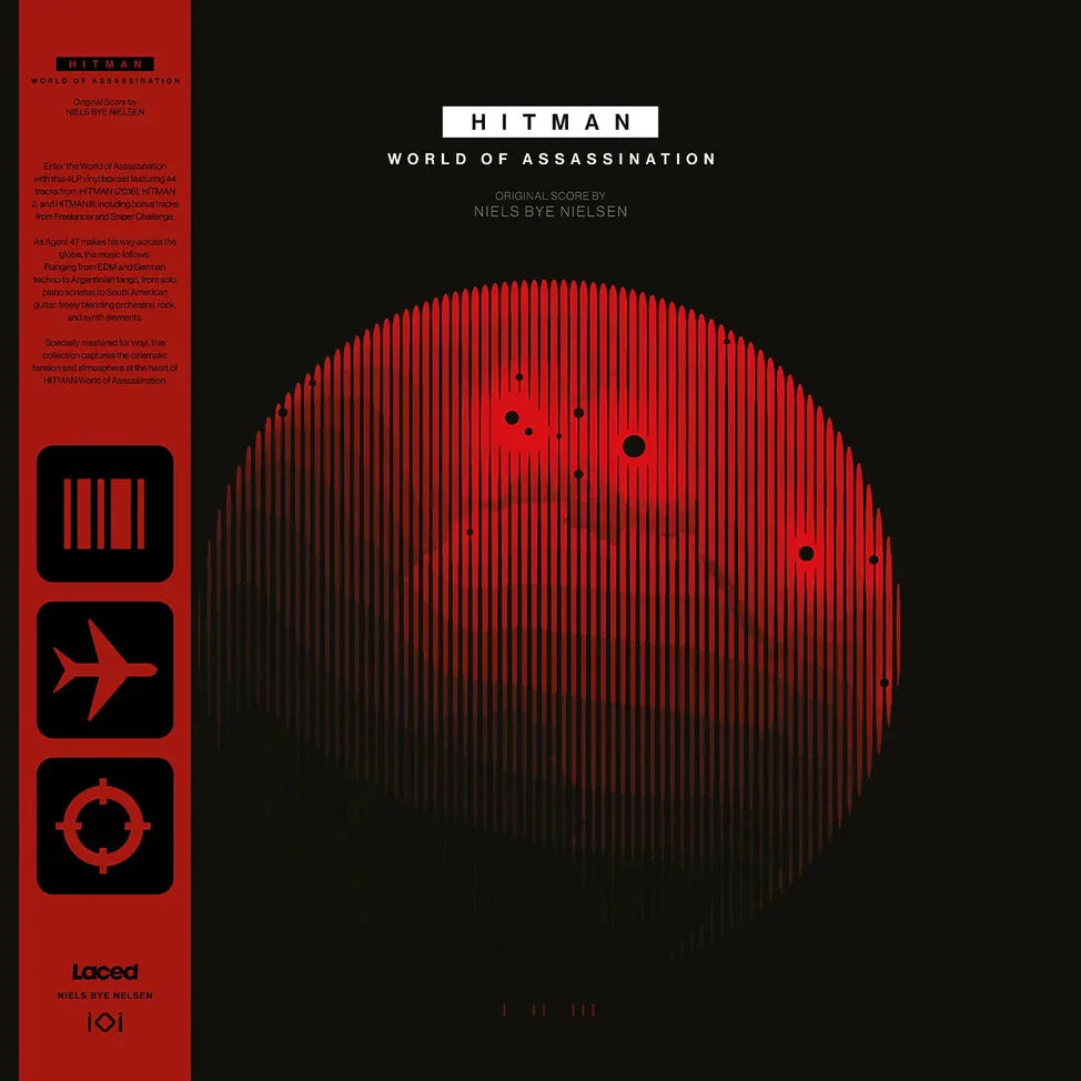 Vinyl record cover for 'Hitman: World of Assassination' with red and black design.