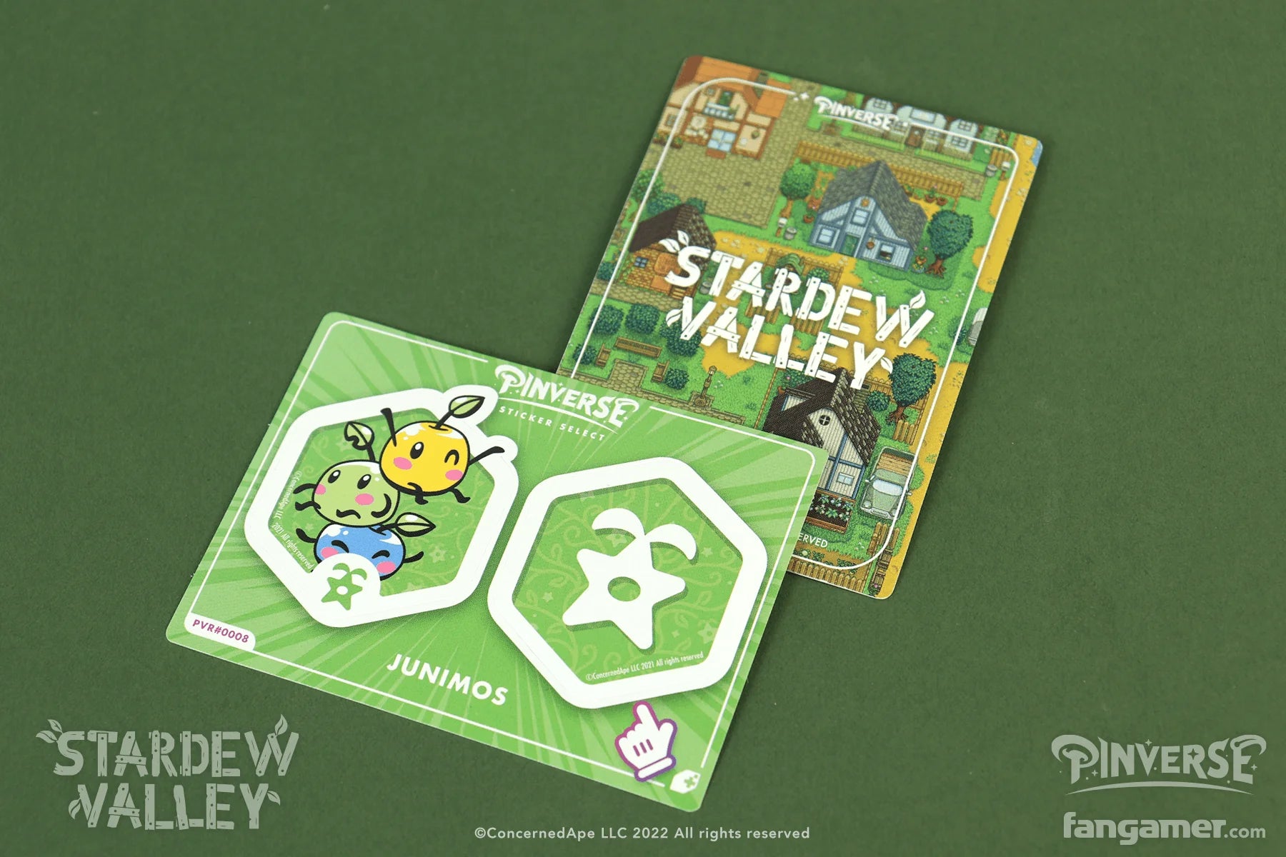 Two 'Stardew Valley' branded cards on a green background