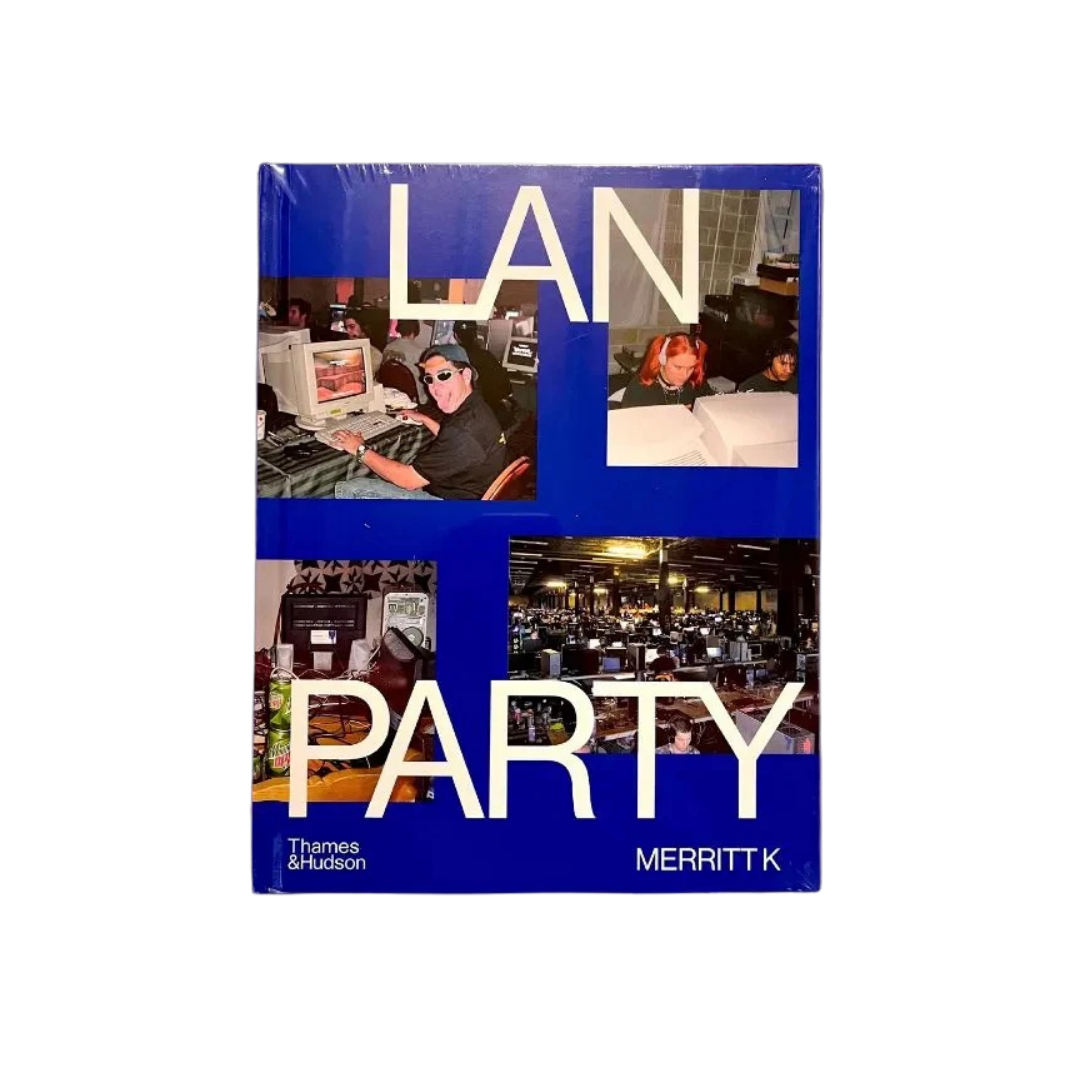 Book cover of 'LAN Party' by Merritt K with images of people at computer stations.