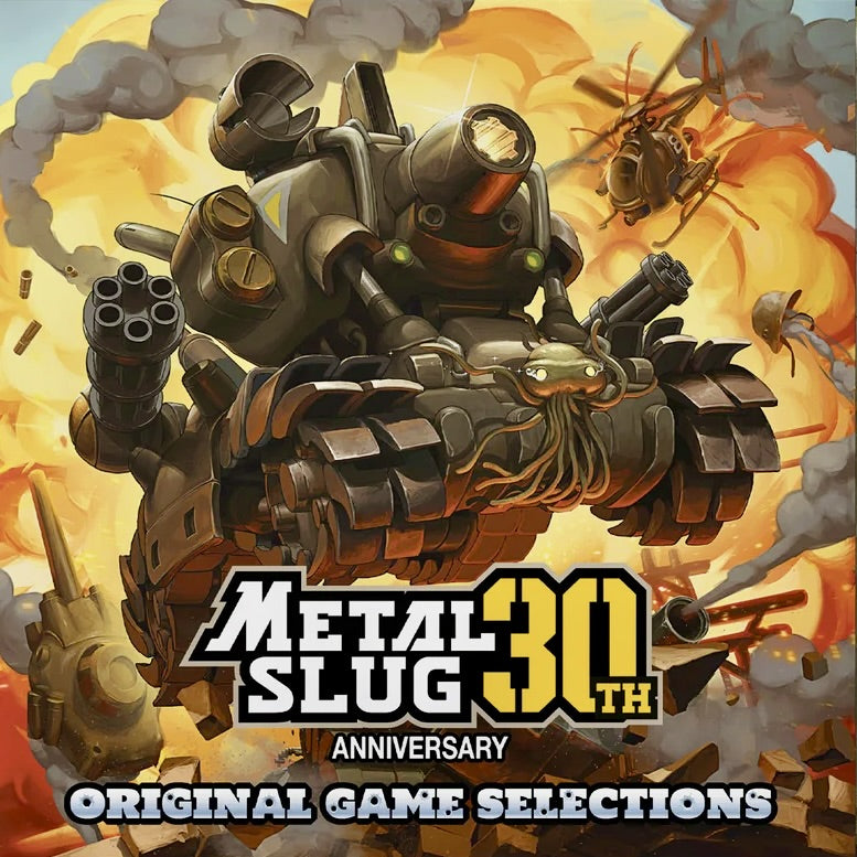 Promotional graphic for 'Metal Slug 30th Anniversary' with a large robot-like creature against an explosion background.