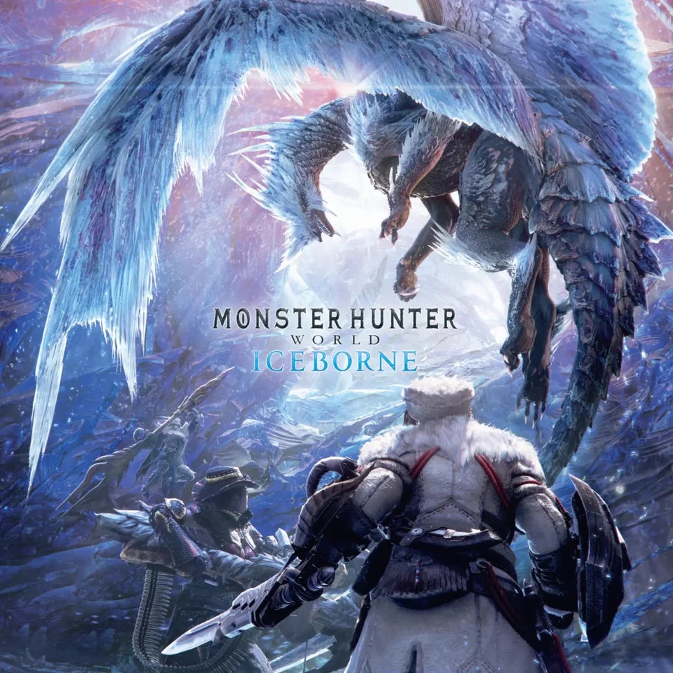 Promotional image for 'Monster Hunter World: Iceborne' featuring a character and ice dragon.