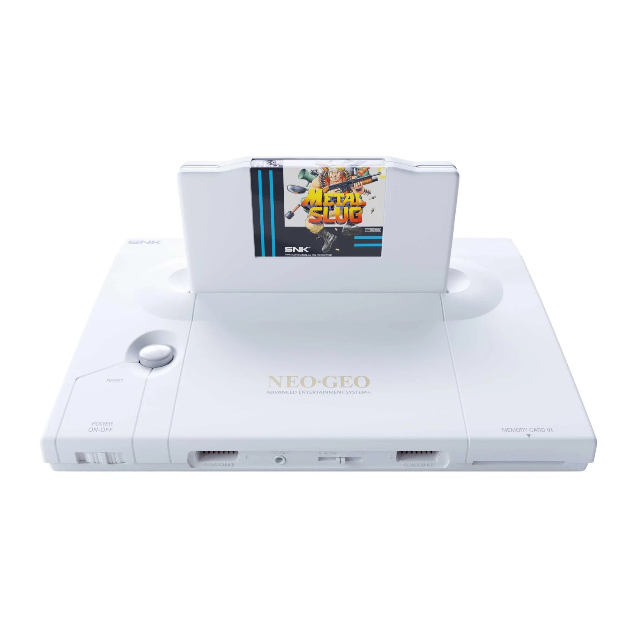 Neo-Geo AES gaming console with a game cartridge on a white background