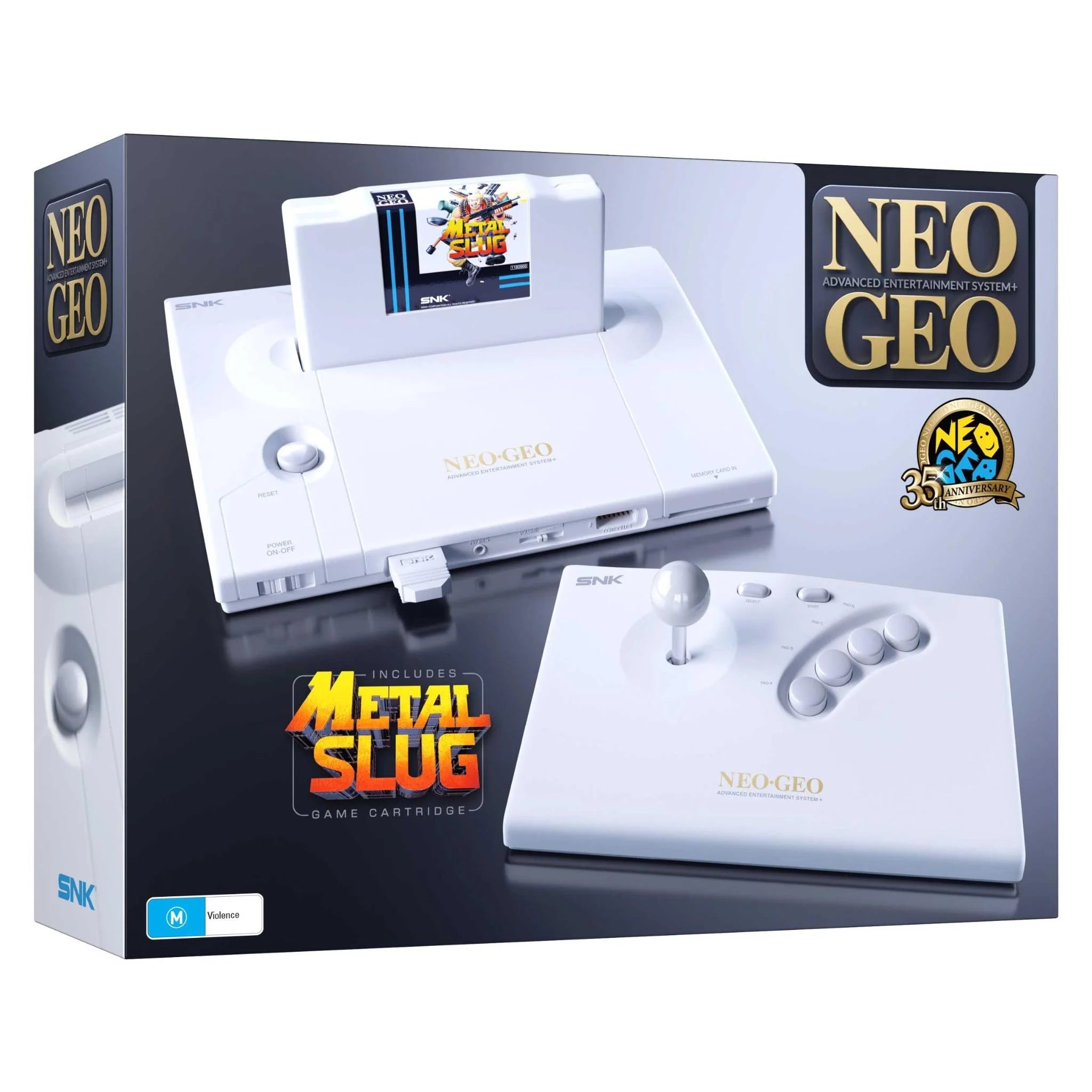 NEO GEO gaming console packaging with joystick and Metal Slug cartridge on a white background