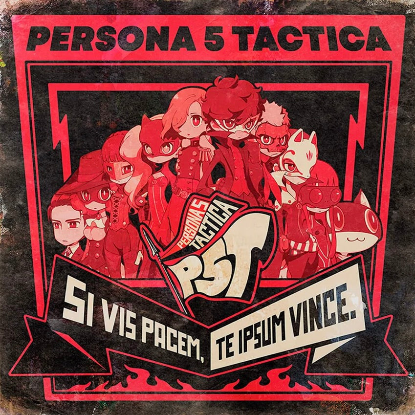Illustration of characters from 'Persona 5 Tactica' with game logo and text on a dark background