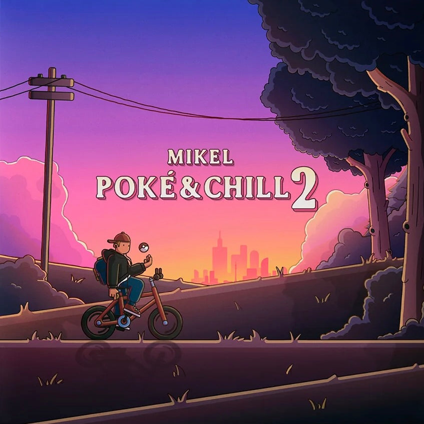 Illustrated cover art with the title text 'MIKEL POKÉ&CHILL 2' over a stylized scene of a person riding a bicycle along a road at sunset, with trees, a utility pole, and a city skyline in the background.