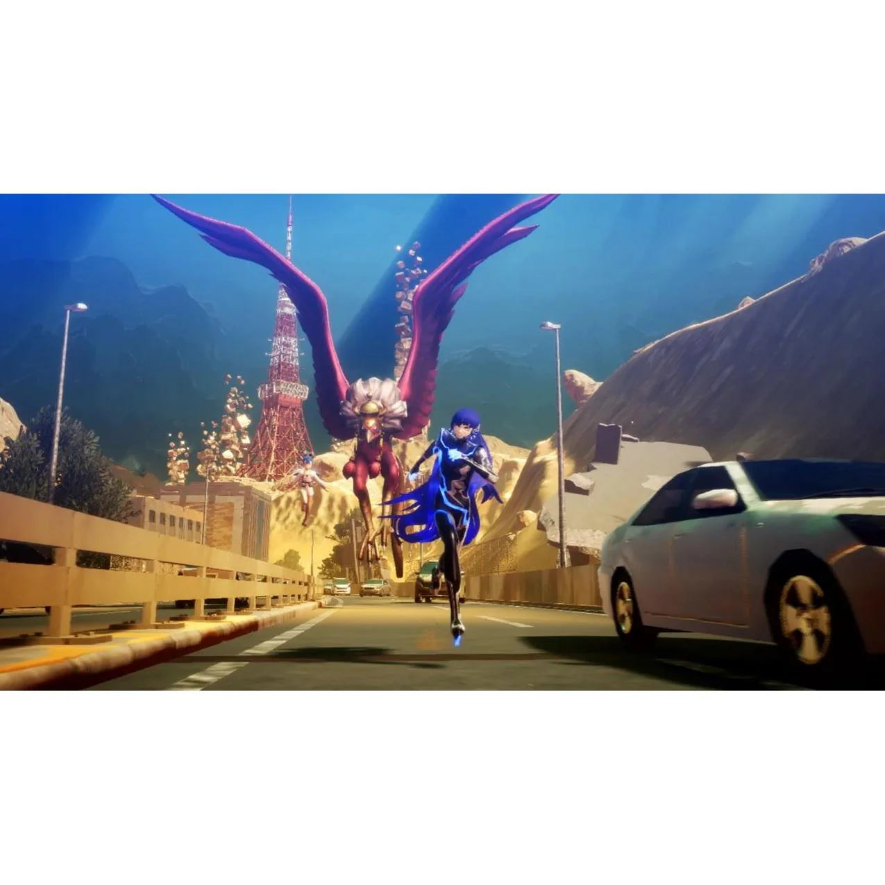 Animated scene with a character on a bike and a large bird-like creature in an urban setting.
