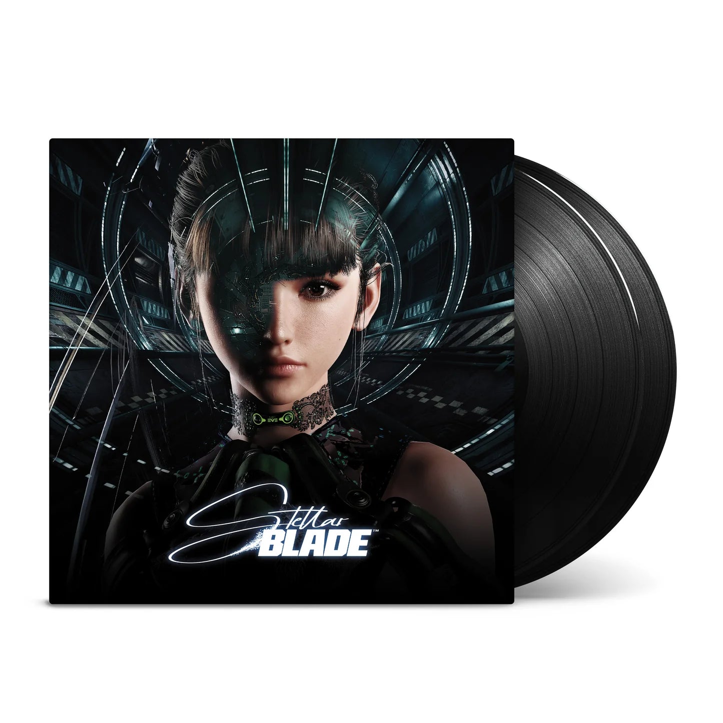 Vinyl record with a stylized cover featuring a person in a futuristic setting.