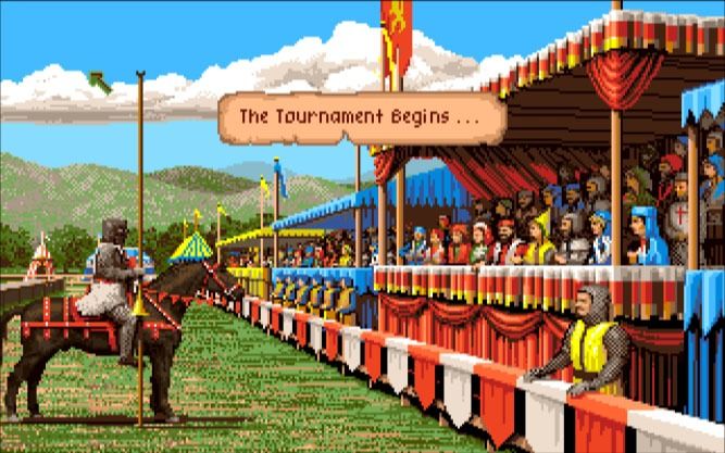 Pixel art scene of a horse race with spectators and a banner reading 'The Tournament Begins'.