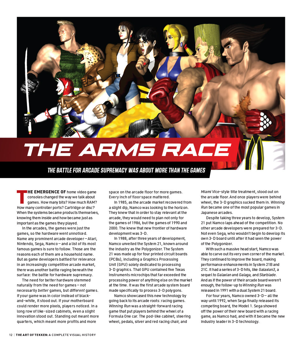 Illustration of video game characters with text about 'The Arms Race' in gaming history.