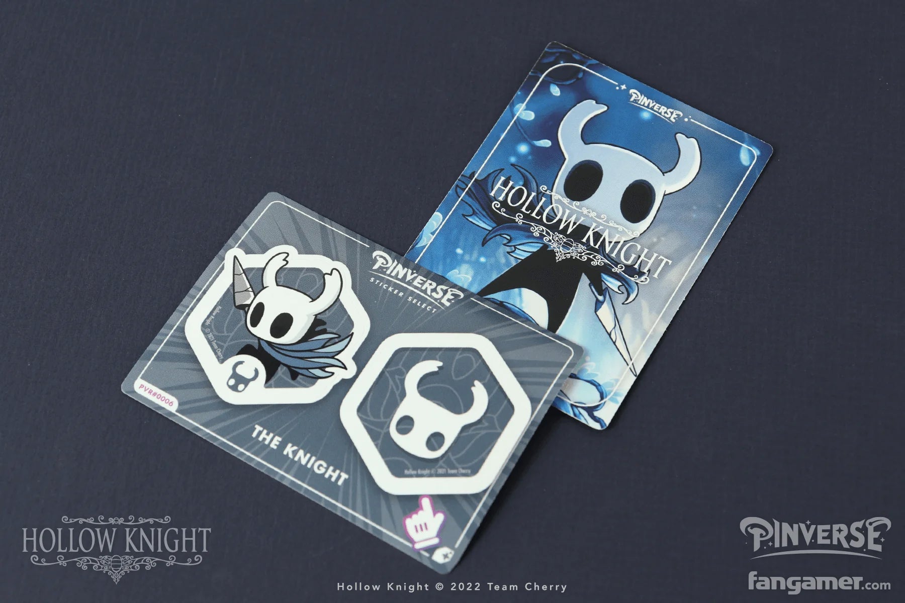 Two 'Hollow Knight' character stickers on a dark background