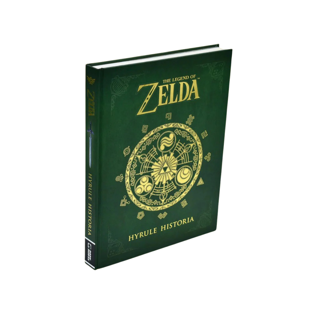 Green book titled 'The Legend of Zelda: Hyrule Historia' on a white background