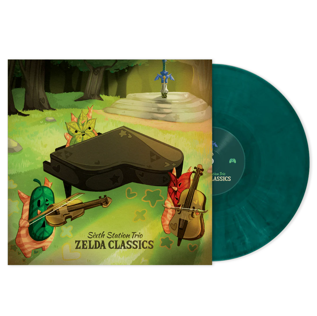 Vinyl record with a colorful cover featuring a piano and characters from 'The Legend of Zelda' series.