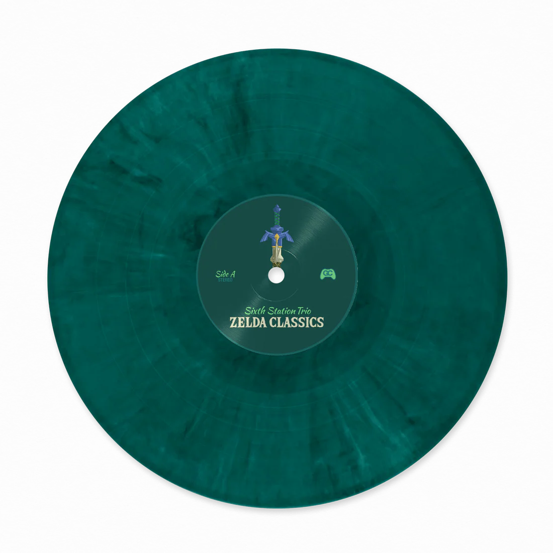 Teal vinyl record with 'Zelda Classics' label on a white background